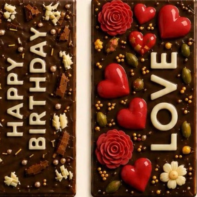 A custom Meltova bar decorated with hearts, roses and nuts, reading LOVE